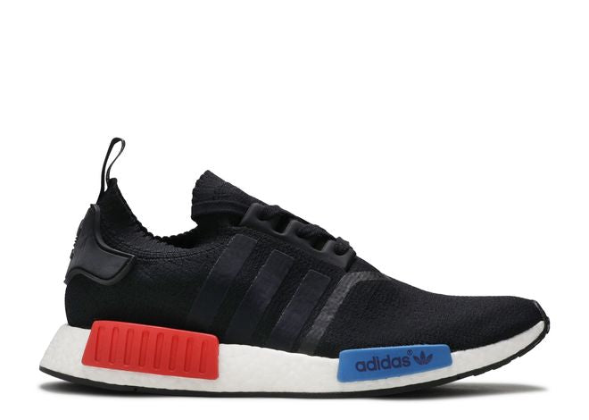 Side View of adidas NMD Black Red Blue Connector White Sole