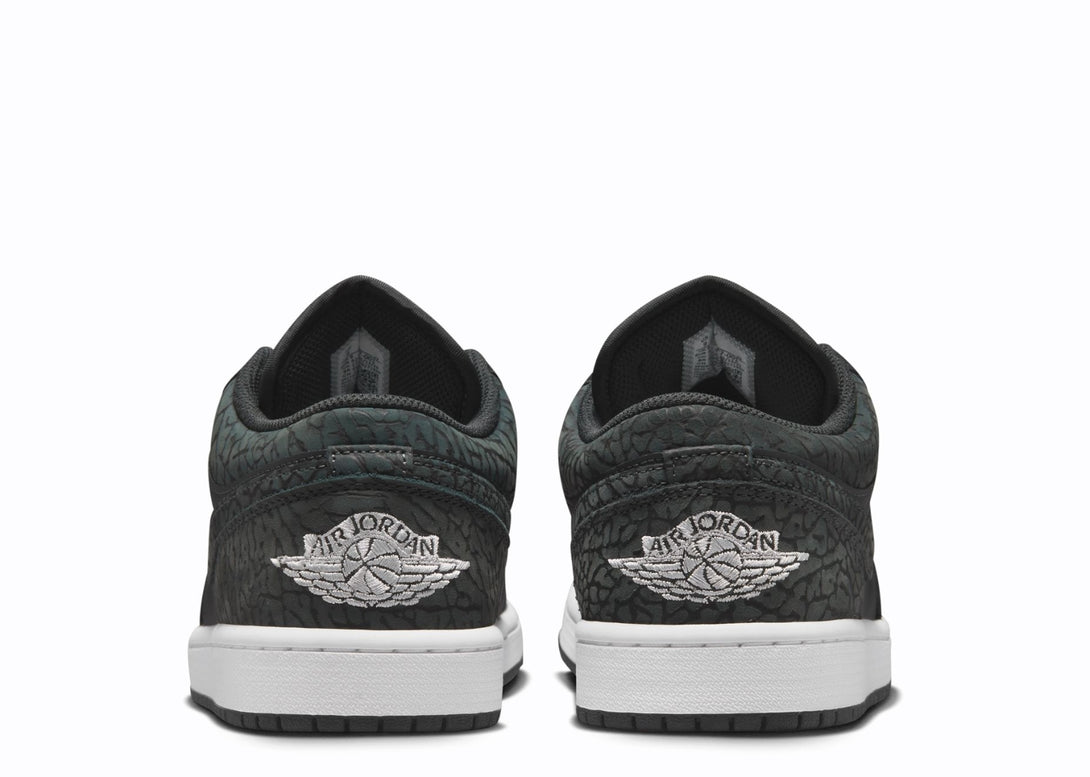 Heel View of Nike Jordan 1 Low Black Elephant Pattern White Silver Jordan Heel