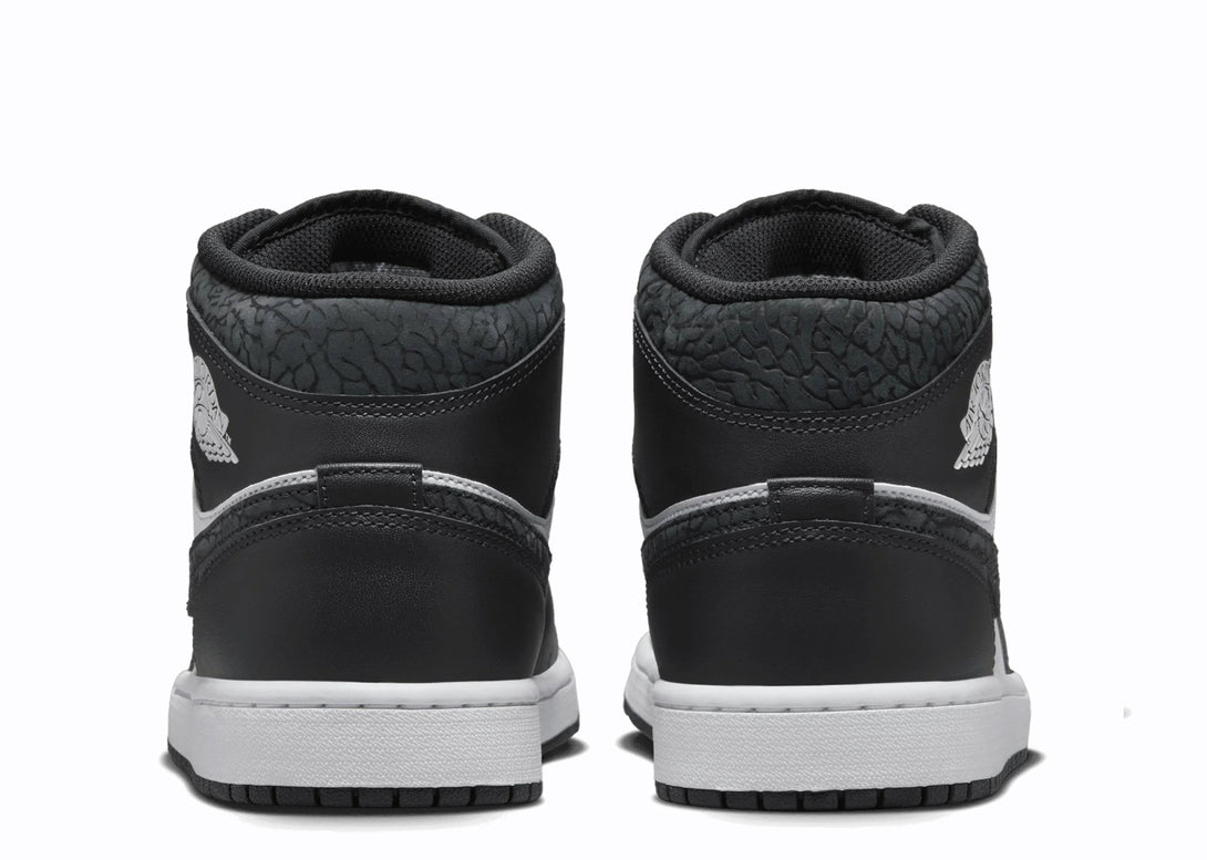 Heel View of Nike Jordan 1 Mid Black White Panda Elephant