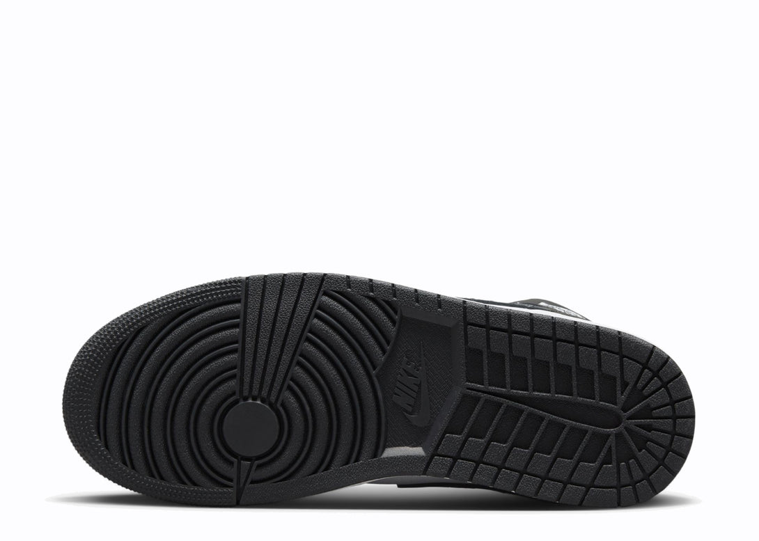 Closeup View of the Sole of Nike Jordan 1 Mid Black White Panda Elephant