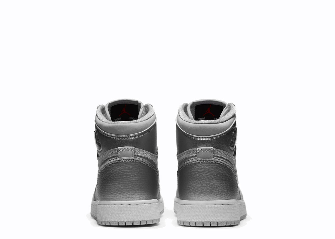 Heel View of Nike Jordan 1 High COJP Neutral Grey Silver