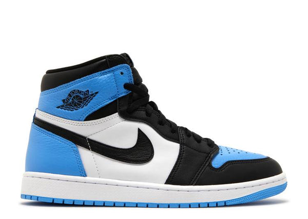 Side view of Air Jordan 1 Retro High OG UNC Toe in blue and black