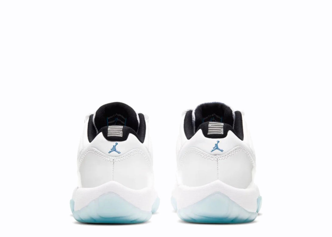 Heel View of Nike Jordan 11 Low Legend Blue White Clear Blue Sole