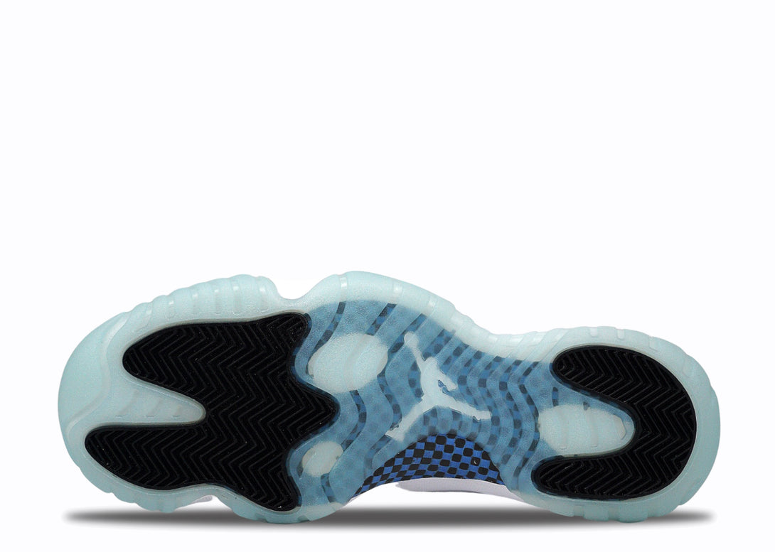 Closeup View of Sole of Nike Jordan 11 Low Legend Blue White Clear Blue Sole