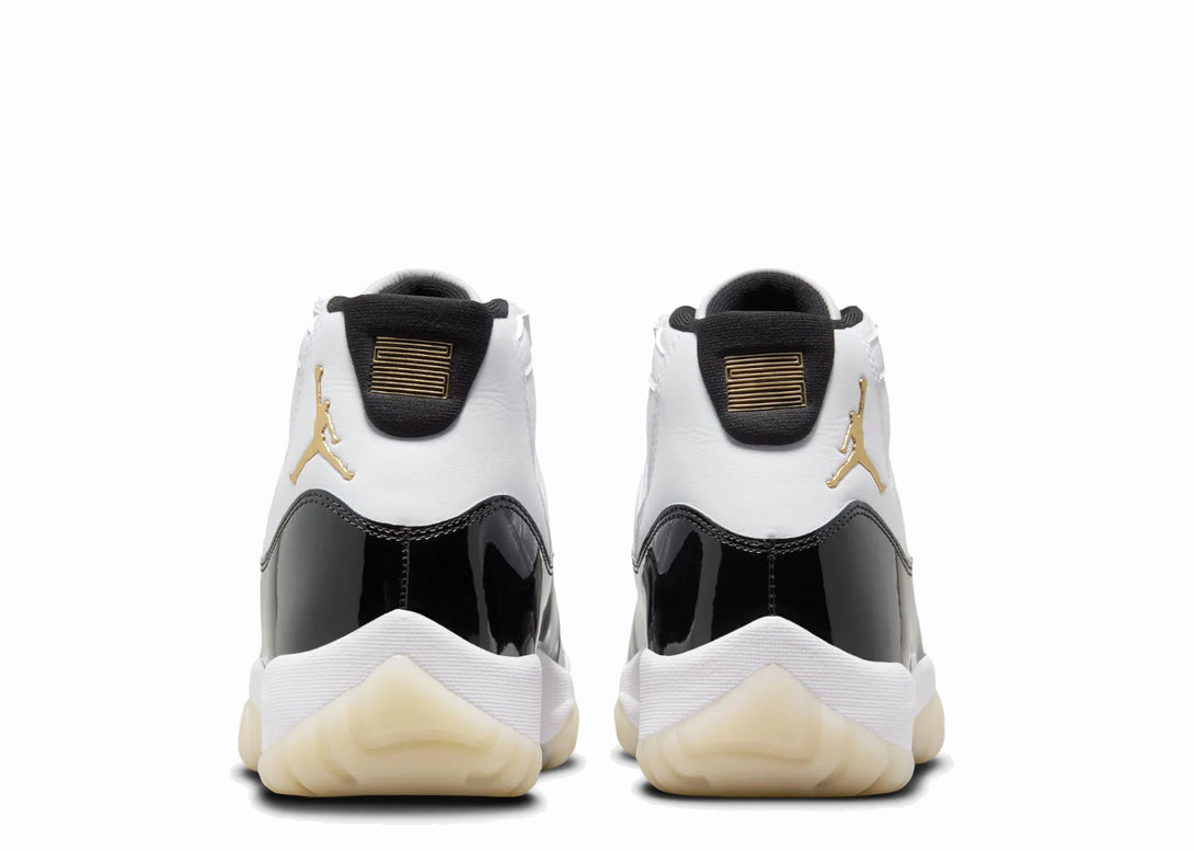 Heel View of Nike Jordan 11 DMP Gratitude White Black Gold