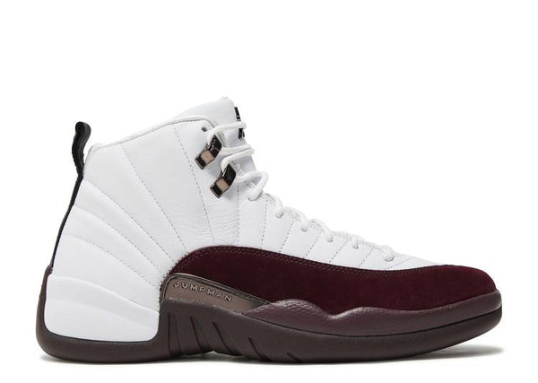 Side view of Air Jordan 12 Retro SP A Ma Maniére White (Women's) in white and burgundy