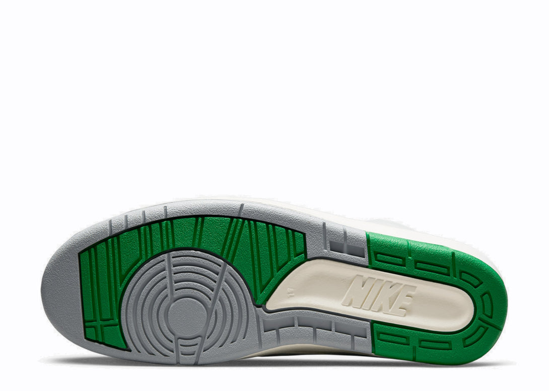 Closeup View of the Sole of Nike Jordan 2 Retro Lucky Green White Grey