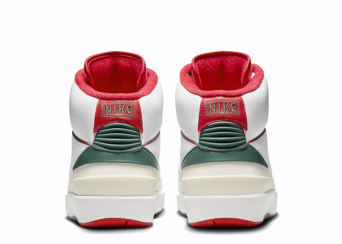 Heel View of Nike Jordan 2 Retro Origins White Red Green Grey