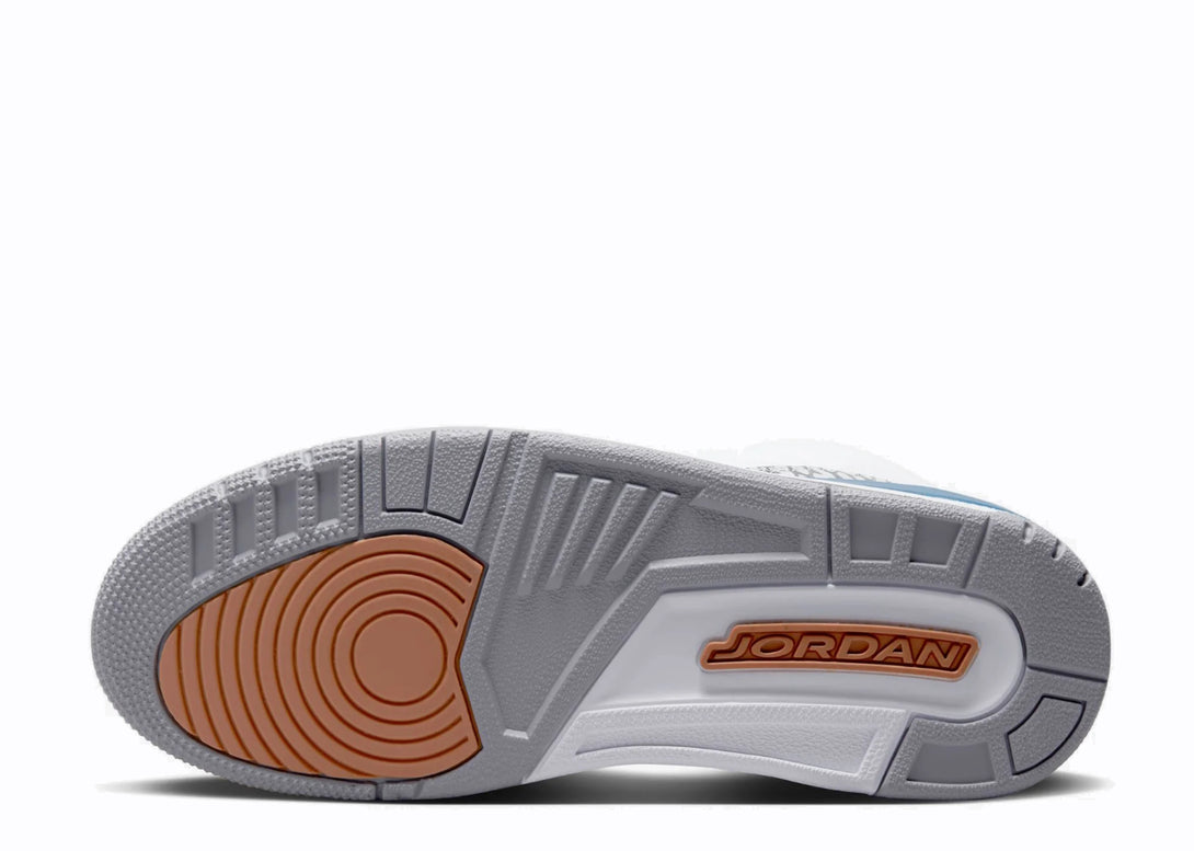 Closeup View of the Sole of Nike Jordan 3 Retro Wizards White Blue Orange Grey