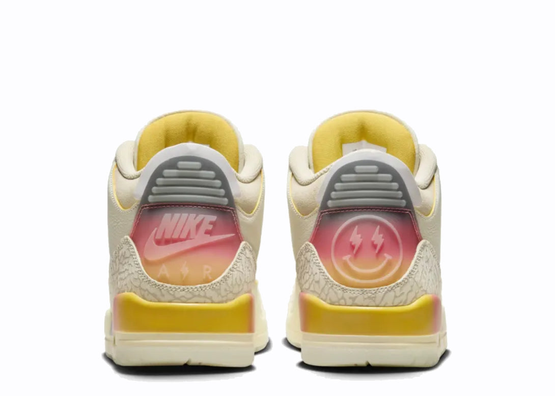 Heel View of Nike Jordan 3 J Balvin Cream Yellow Sunset Balvin Logo
