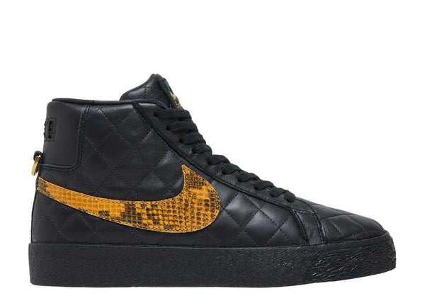 Side view of Nike SB Blazer Mid QS Supreme Black with gold accents