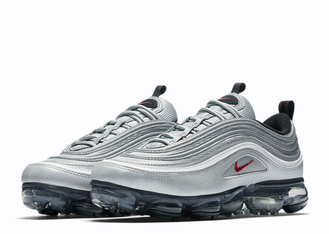 Nike Air VaporMax 97 Silver Bullet in silver, black, white, and red