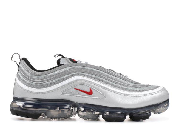 Nike Air VaporMax 97 Silver Bullet in silver, white, black, and red