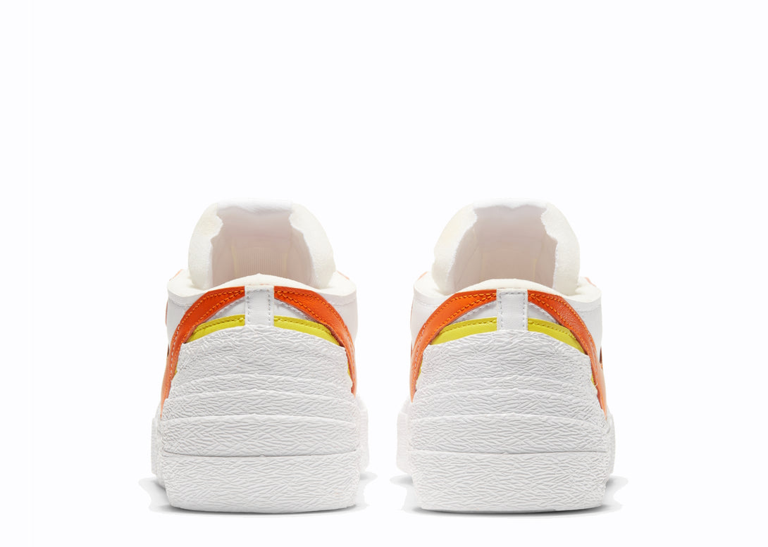 Close-up view of the Nike Blazer Low in white and magma orange